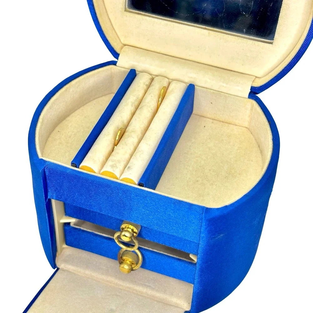 Vintage Blue Travel Jewelry Box Case w/ Mirror Drawers‎ & Keys Gold Hardware